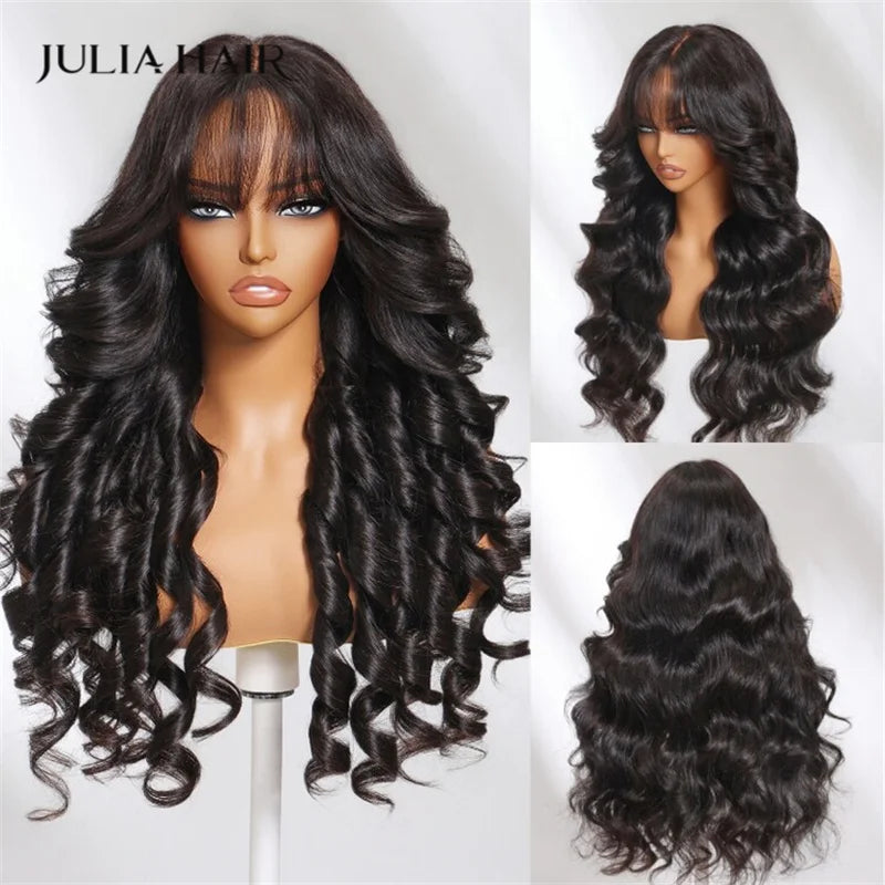 Julia Hair 13X4 Bangs Lace Front Wig Human Hair Wear and Go Glueless Wig Brazilian Loose Wave Human Hair Wig Density 150%