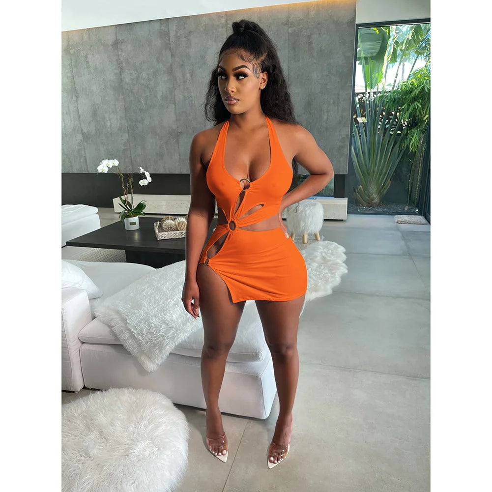 2026 Summer New Halter Dresses Sexy Slim Women's Dress Sleeveless Backless High Split Elegant  Dres Party Club Hollow Mini Skirt Secondary image