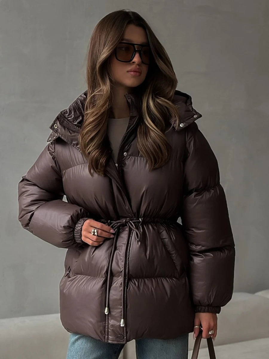 Bornladies Drawstring Slim Fit Cotton Jacket Women's  Winter New Hooded Zipper Cotton Robe Comfortable Warm Bread Jacket