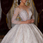 Beaded Sexy Bride Dresses Vestidos De Novia Luxury Hand Beaded Long Sleeve Wedding Dress Ball Gown Long Chapel Train