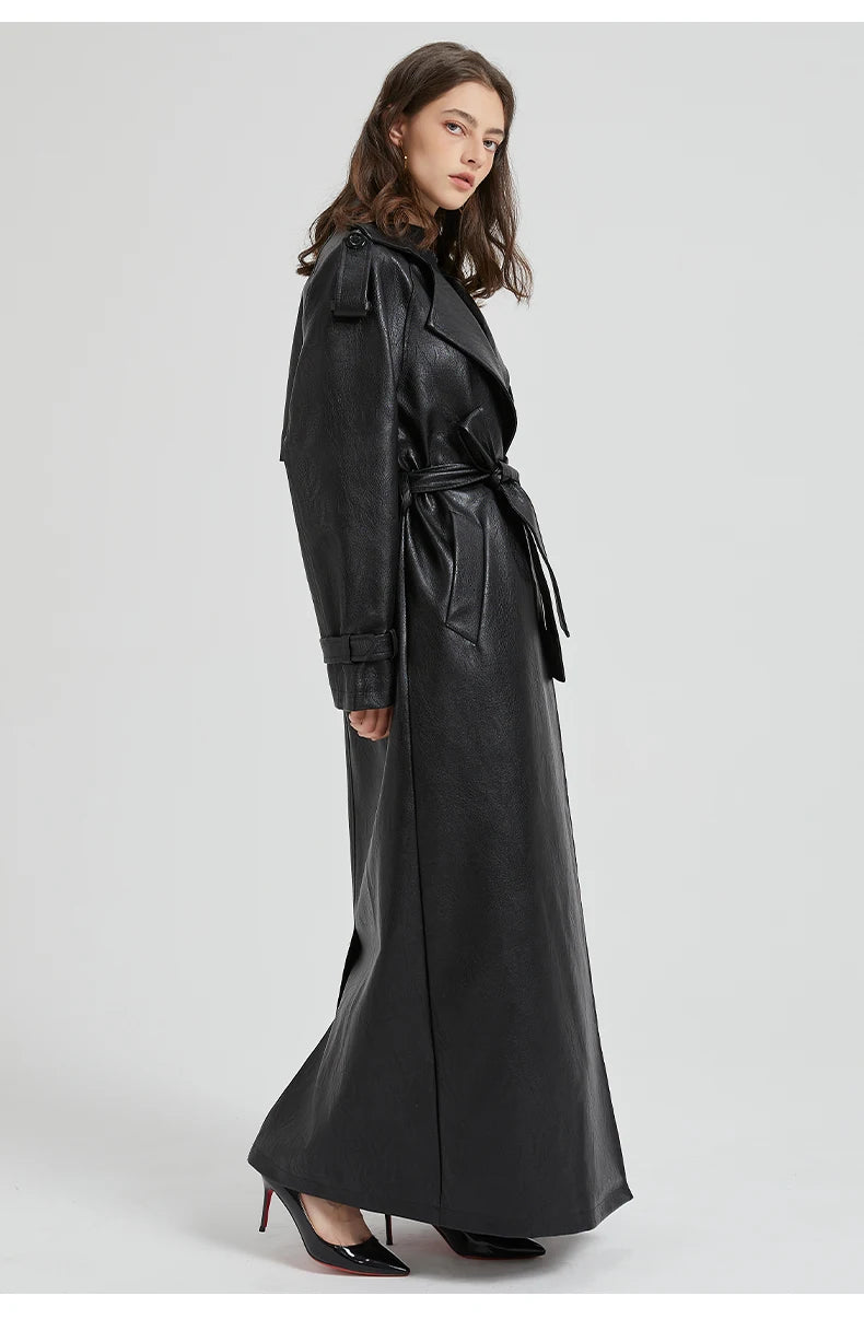 Lautaro Spring Autumn Extra Long Brown Pu Leather Trench Coat for Women Sashes Luxury Chic Overcoat Runway European Fashion 2024
