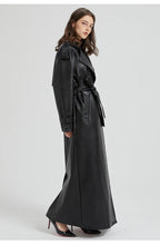 Lautaro Spring Autumn Extra Long Brown Pu Leather Trench Coat for Women Sashes Luxury Chic Overcoat Runway European Fashion 2024