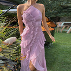 Chic Elegant Lotus Edge Maxi Dress Slim Fit Backless Lace Up Halter Robes Sleeveless Party Vestidos 2026 Nw Lady Vacation Gowns