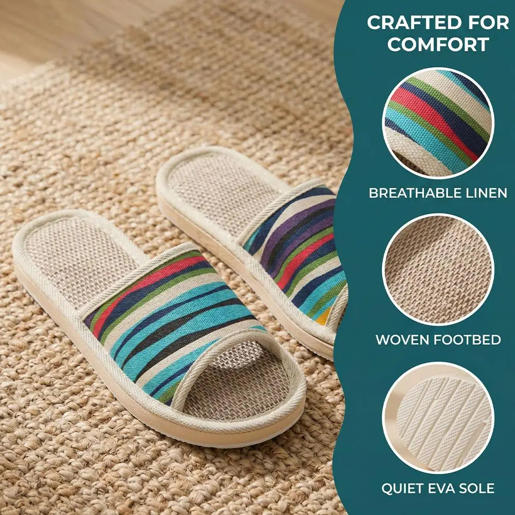 Striped Linen Open Toe Slippers Breathable Indoor House Slippers Anti Slip EVA Sole Lightweight Casual Home Slides For Men Women