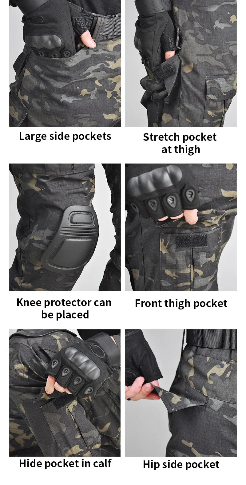 Camo Tactical Sets Outdoor Long Sleeve Wear-resisting T Shirts+Multi-pocket Tactic Cargo Pants Suit Training Workwear Combat Set