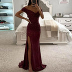 2026 Elegant Off-shoulder Gown Dress V-Neck Sequin Pleated Short Sleeve Waist Tight Maxi Dress Split Evening Party Prom Dress