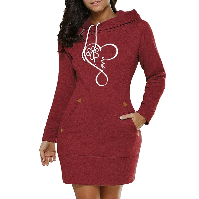 Womens Dress Neck Side Zipper Long Sleeve Hooded Sports Skirt Casual Printing Knee-Length Dress European Style Streetwear S-3XL