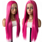 Rose Pink Straight Synthetic Lace Wig Glueless Wigs For Women Natural Hairline Daily Wear Long Pink  Wig Cosplay Part Front Hair