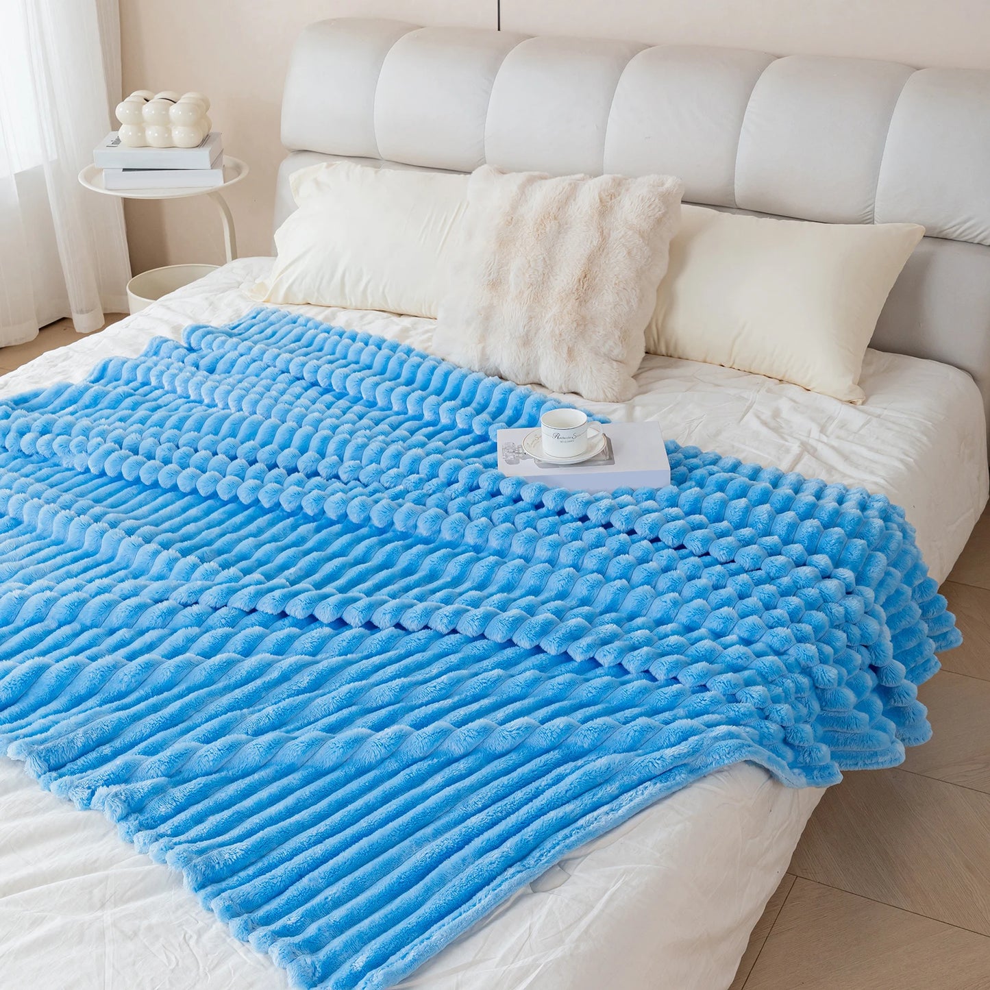 1pc solid color thick wide stripe multifunctional blanket, can be used as bed sheet covering blanket, nap blanket, pet blanket