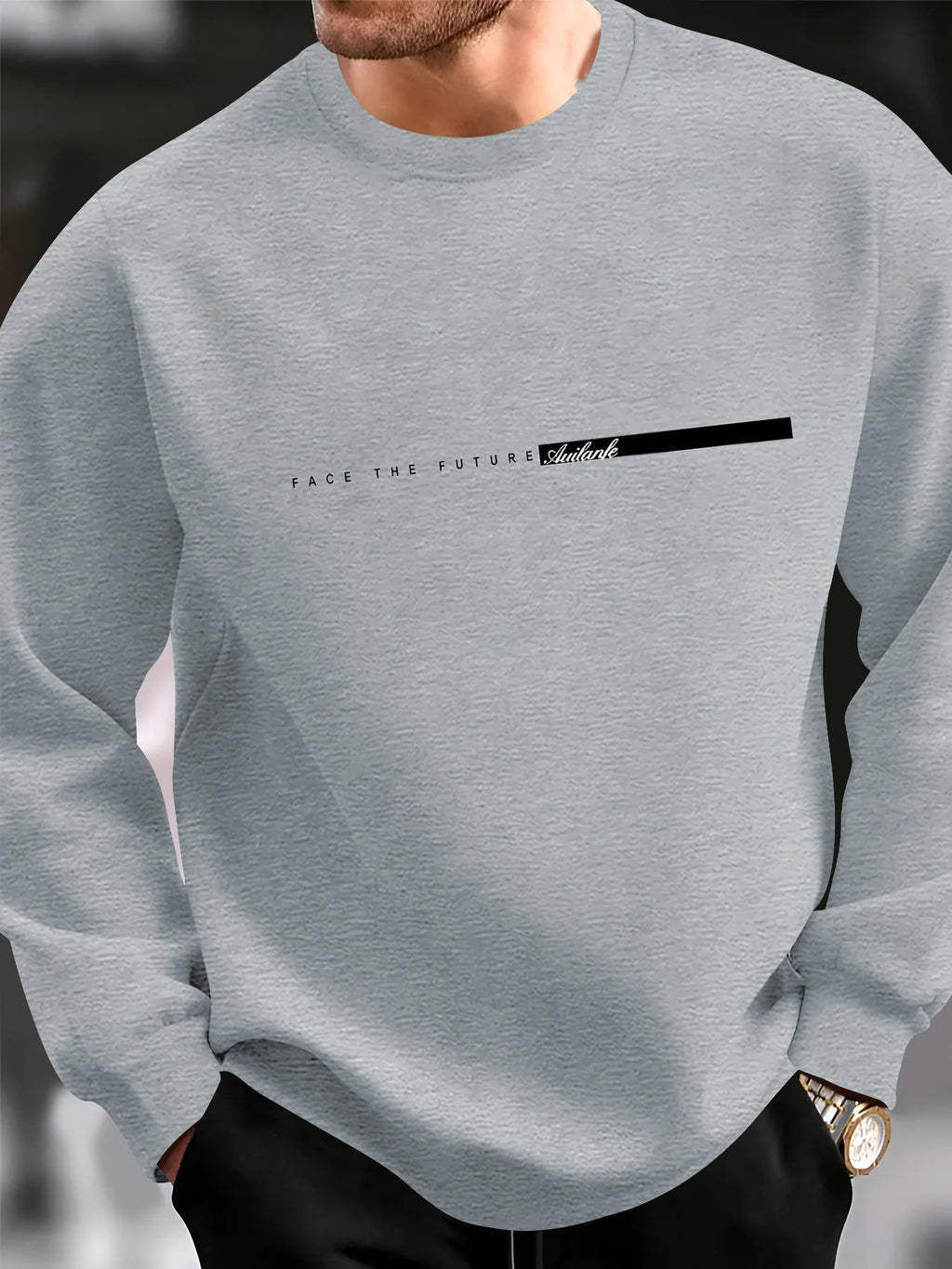 Men's autumn and winter fashionable casual loose FACE THE FUTURE graphic printed long sleeved round neck sweatshirt