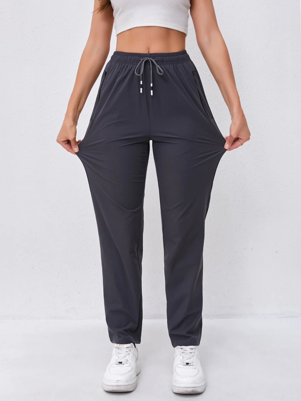 Women's High-Waist Slimming Drawstring Joggers with Dual Side Zipper Pockets - Lightweight, Breathable Nylon Blend Outdoor Pants