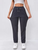 Women's High-Waist Slimming Drawstring Joggers with Dual Side Zipper Pockets - Lightweight, Breathable Nylon Blend Outdoor Pants