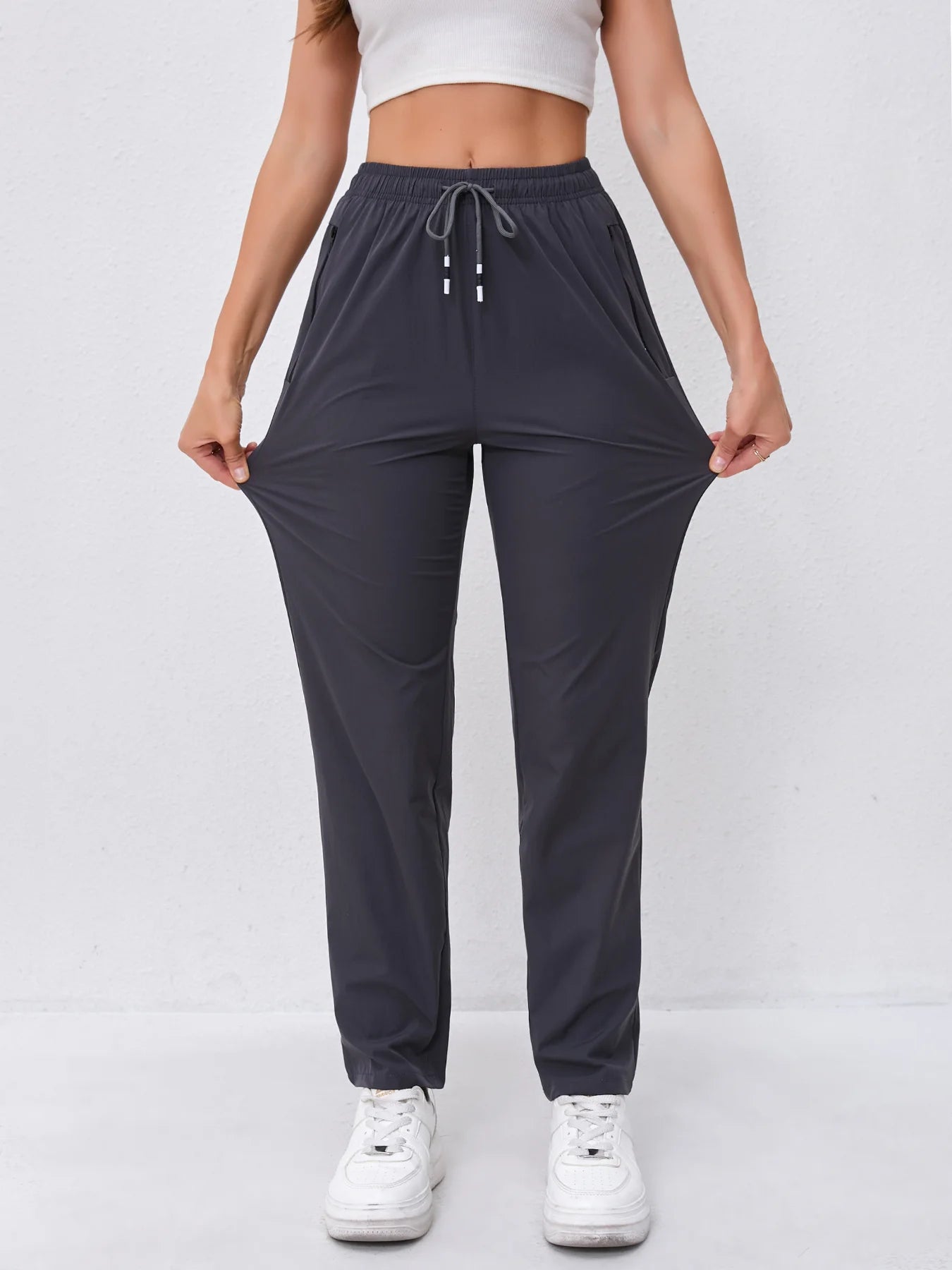 Women's High-Waist Slimming Drawstring Joggers with Dual Side Zipper Pockets - Lightweight, Breathable Nylon Blend Outdoor Pants