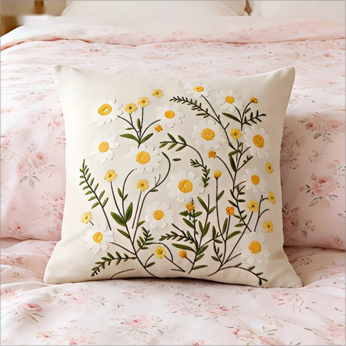 Double Sided Embroidered Daisy Pillow Cover Cute White Yellow Wildflower Print Soft Boho Throw Pillow Case for Spring Home Decor