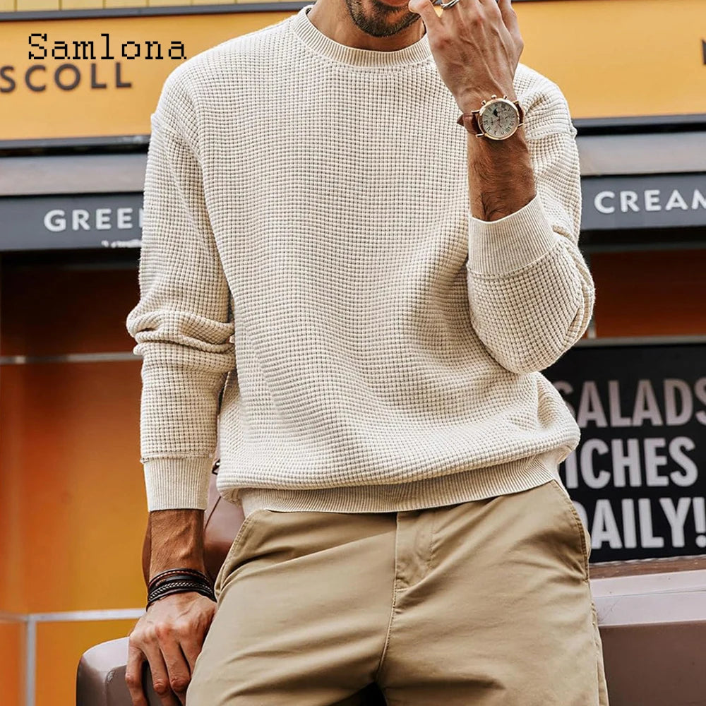 Samlona Men Retro Knitted Sweaters Vintage Jumpers 2025 Autumn Basic Top Pullovers Mens Long Sleeve Fashion Knitting Sweater New Main image