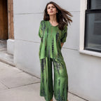 Vintage Women's Two Piece Set Outfits Fashion New Solid Print Loose Casual Round Neck Short Sleeve Top Wide Leg Long Pants Suit