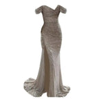 2026 Elegant Off-shoulder Gown Dress V-Neck Sequin Pleated Short Sleeve Waist Tight Maxi Dress Split Evening Party Prom Dress