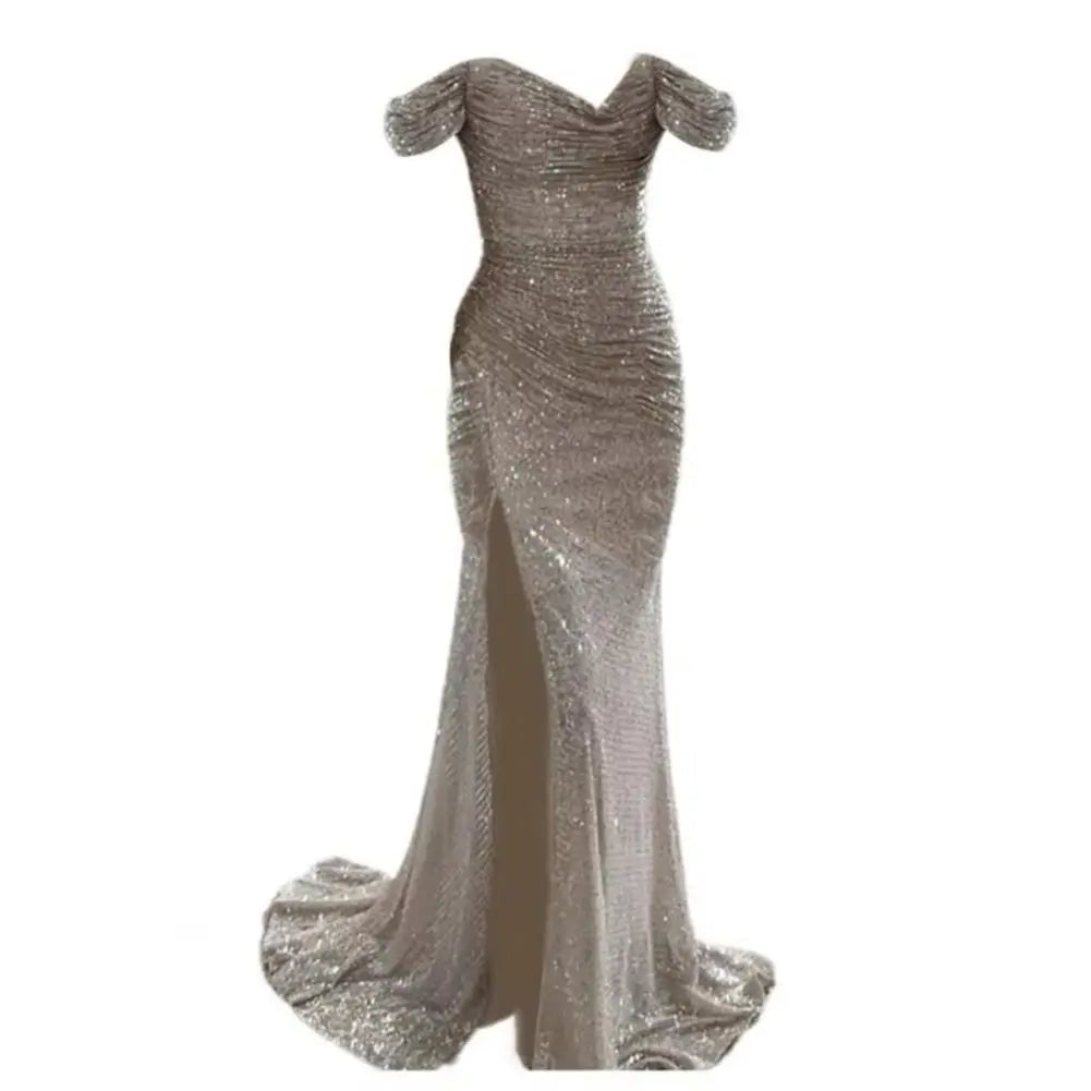 2026 Elegant Off-shoulder Gown Dress V-Neck Sequin Pleated Short Sleeve Waist Tight Maxi Dress Split Evening Party Prom Dress