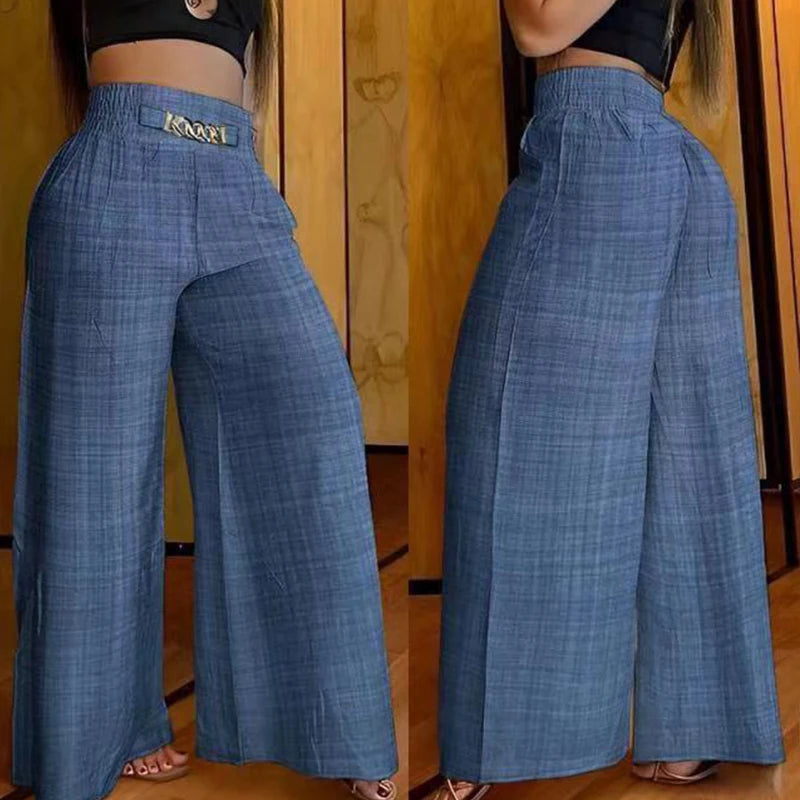High Waist Solid Color Wide Leg Pants Summer Chic Loose Elegant Metal Flared Pant Office Ladies Straight Holiday Women Trousers Main image