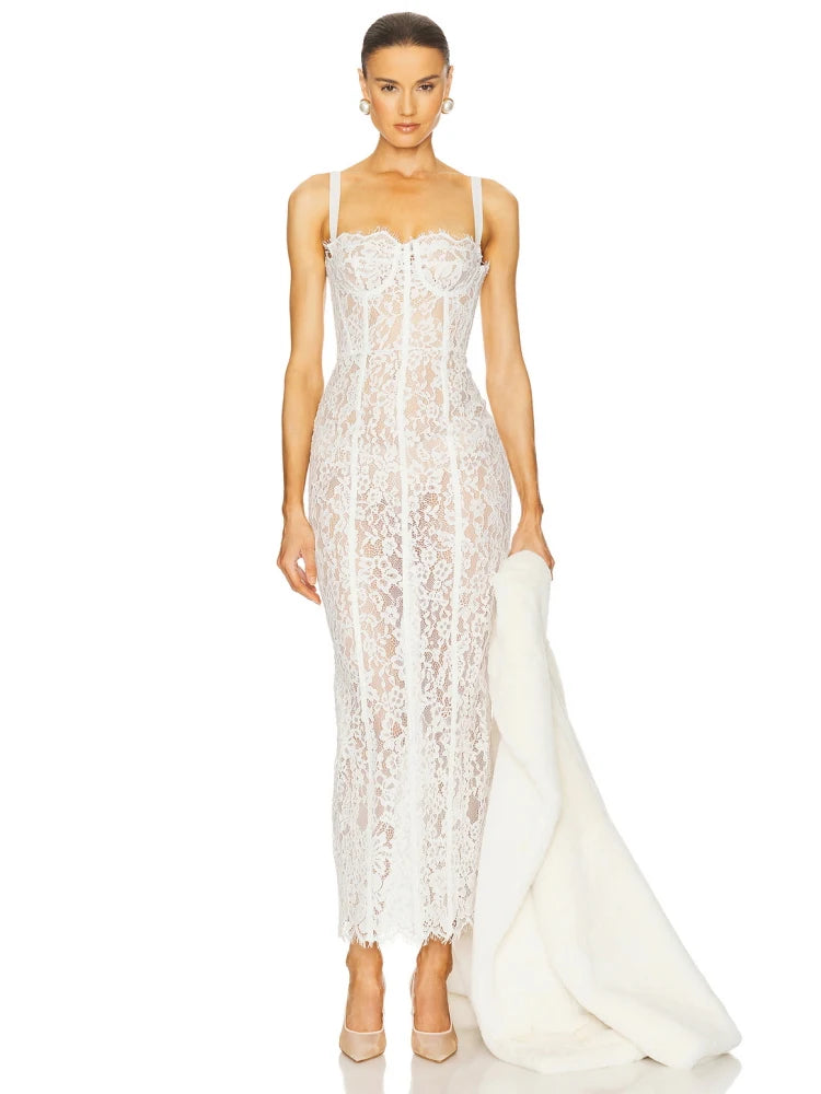 Sexy Spaghetti Strap V Neck Lace Long Dress Women Black Floral Lace Sleeveless Bodycon Dresses Elegant Evening Celebrity Party