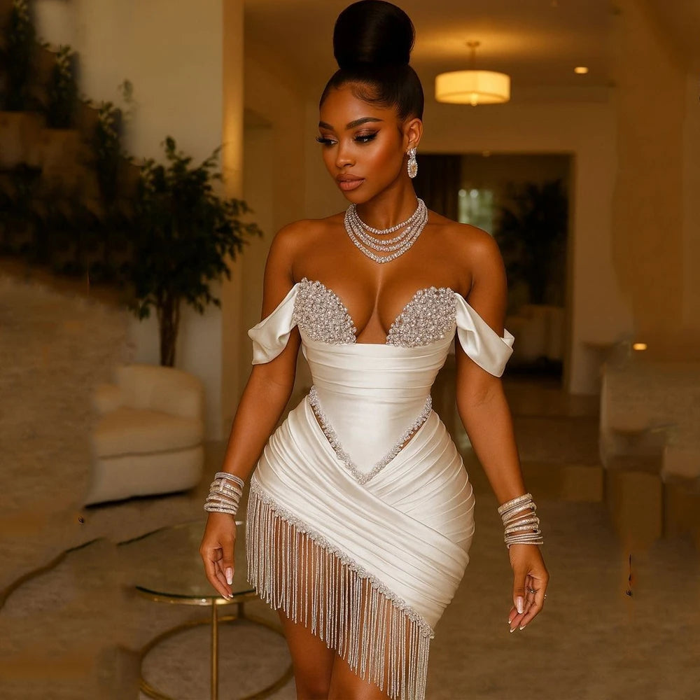 Crystal Ivory Cocktail Gown Pleat Straight Mini Homecoming Prom Dress Birthday Dress Satin Luxury 2026 Blackgirl Customized Main image