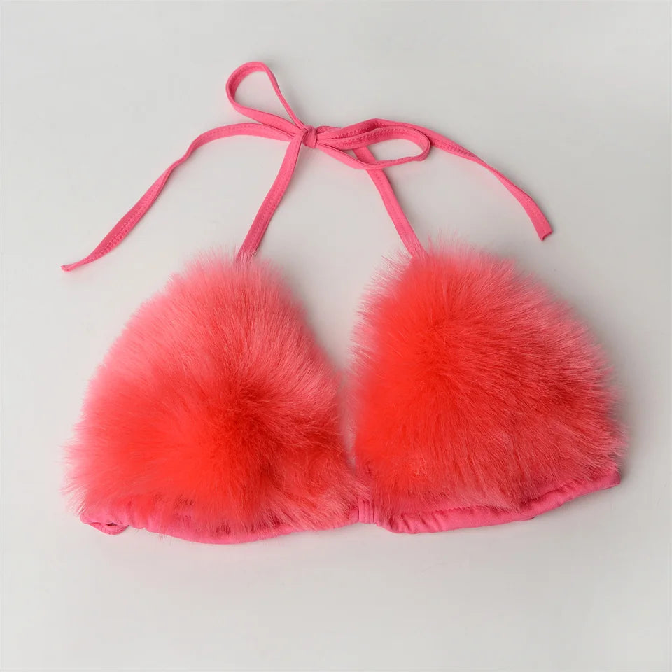 Summer Women Fake Fox Fur Sexy Halter Solid Color Bikini Set Swimsuits Triangle Sexy Bikini Set Faux Fur Swimsuit Plush Swimwear