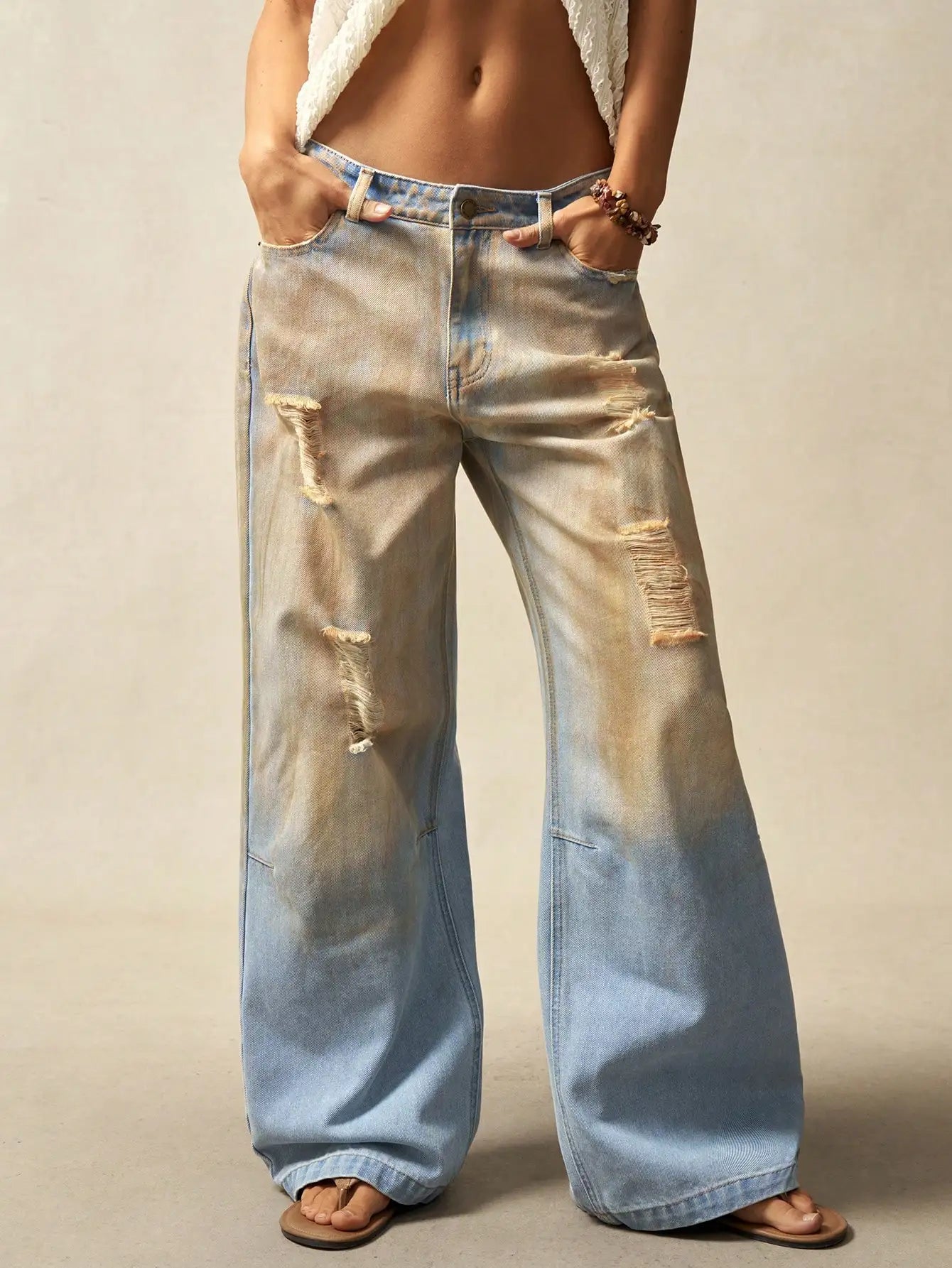 American style high end streetwear style faded holey denim women's pants 2025 new collection Main image