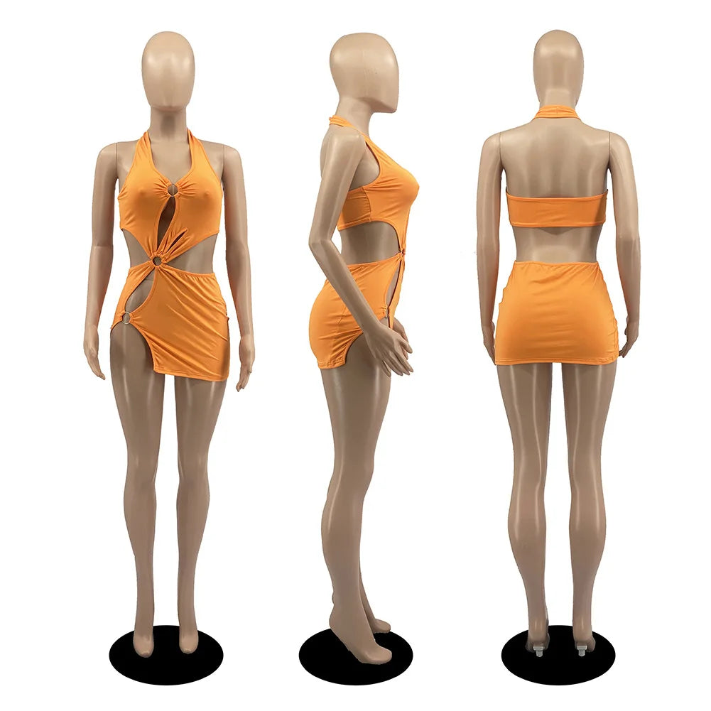2026 Summer New Halter Dresses Sexy Slim Women's Dress Sleeveless Backless High Split Elegant  Dres Party Club Hollow Mini Skirt