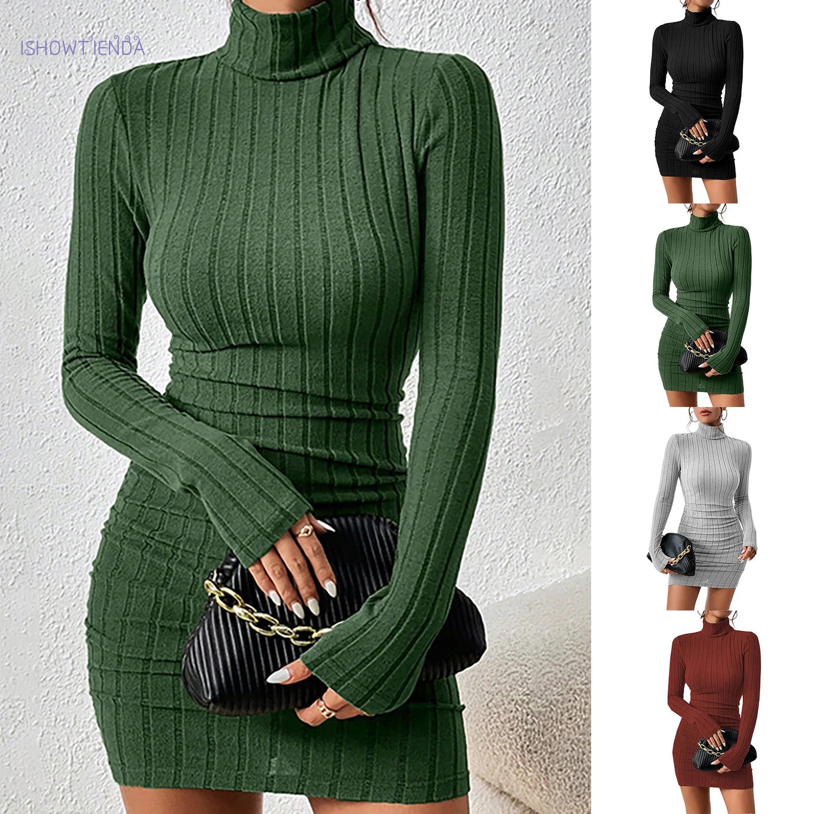 Knitted Bottoming Dress Women Elegant Party Autumn Winter Turtleneck Long Sleeves Sexy Sheath Mini Dresses Bodycon Club Dress Main image