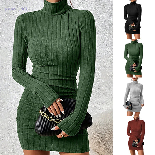 Knitted Bottoming Dress Women Elegant Party Autumn Winter Turtleneck Long Sleeves Sexy Sheath Mini Dresses Bodycon Club Dress