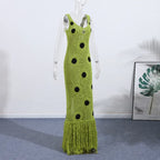 Women Sexy See Through Knitted Maxi Dress Hollow Out Deep Neck Pot Robes Tassel Hem Fork Party Vestidos 2025 New Lady Club Gown