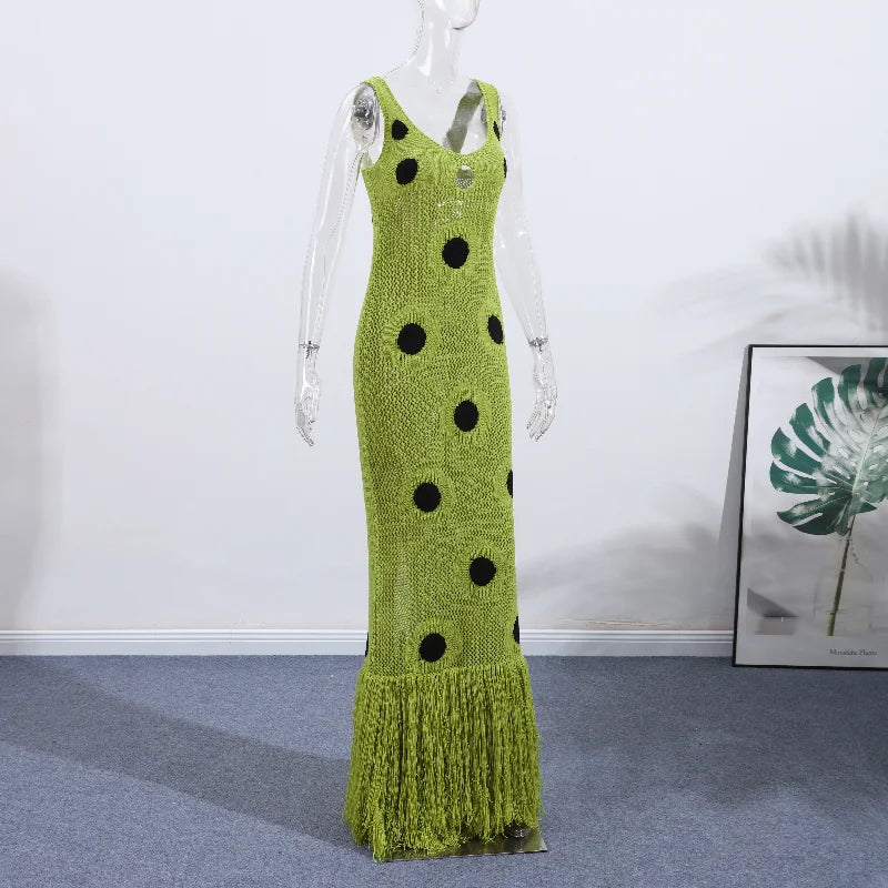 Women Sexy See Through Knitted Maxi Dress Hollow Out Deep Neck Pot Robes Tassel Hem Fork Party Vestidos 2025 New Lady Club Gown