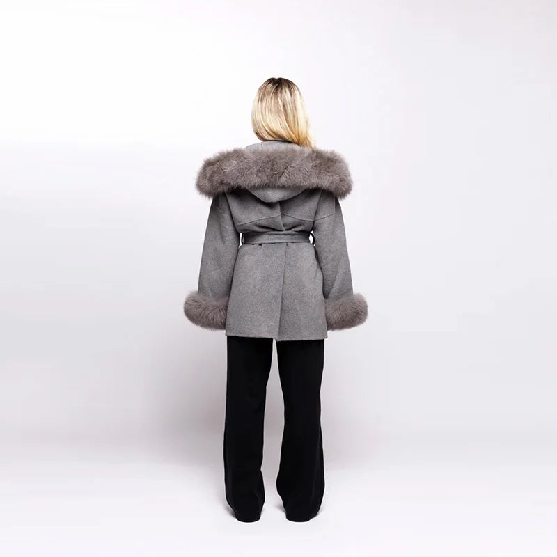 Fashion Hooded Women's Wollen Coat Fur Collar Lace Up Pocket Solid Warm Lady Coats 2025 Autumn Winter Elegant Female Streetwear
