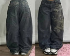 Harajuku Vintage Hip-hop Pop Letters Embroidered Washed Baggy Jeans Ladies Y2K Gothic Fashion Casual High Waist Wide Leg Pants