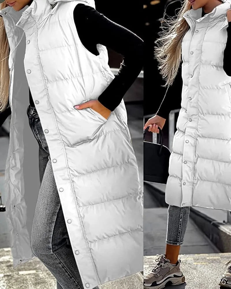 Women Solid Loose Zip Cardigan Parkas 2023 Autumn Winter Parkas Vest Coat Women Sleeveless Hooded Single Breasted Long Vest Coat