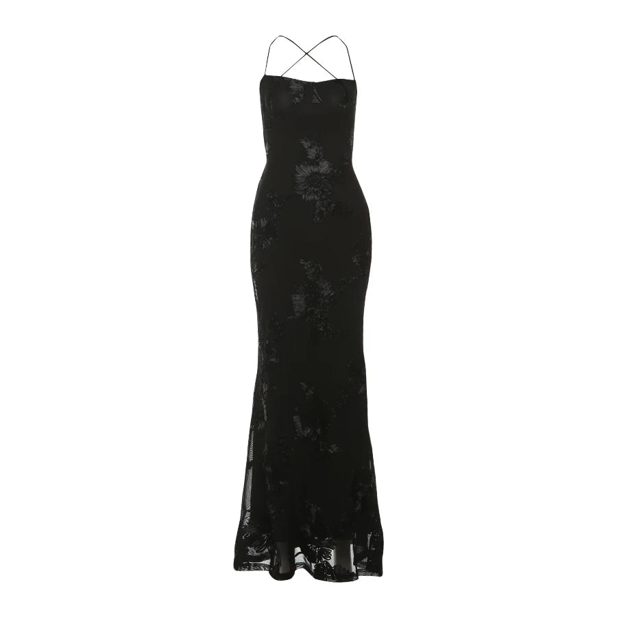Nibber Elegant Flower Embroidery Maxi Dress Women Low-Neck Cross Bandage Backless Summer Street Trend Skinny Holiday Vestidos