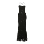 Nibber Elegant Flower Embroidery Maxi Dress Women Low-Neck Cross Bandage Backless Summer Street Trend Skinny Holiday Vestidos