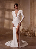 Glamorous Wedding Dresses Satin Bridal Gown Modern Robes For Formal Party Full Sleeves High Slit Vestidos De Novia Customized