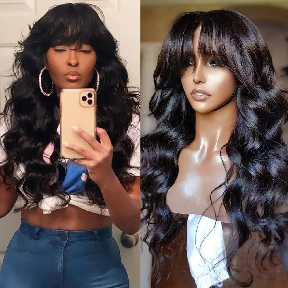 Body Wave Wigs with Bangs 3x1 Middle Part Lace Wig Human Hair Pre Plucked Body Wave Real Human Wigs with Bangs for Women 34 Inch
