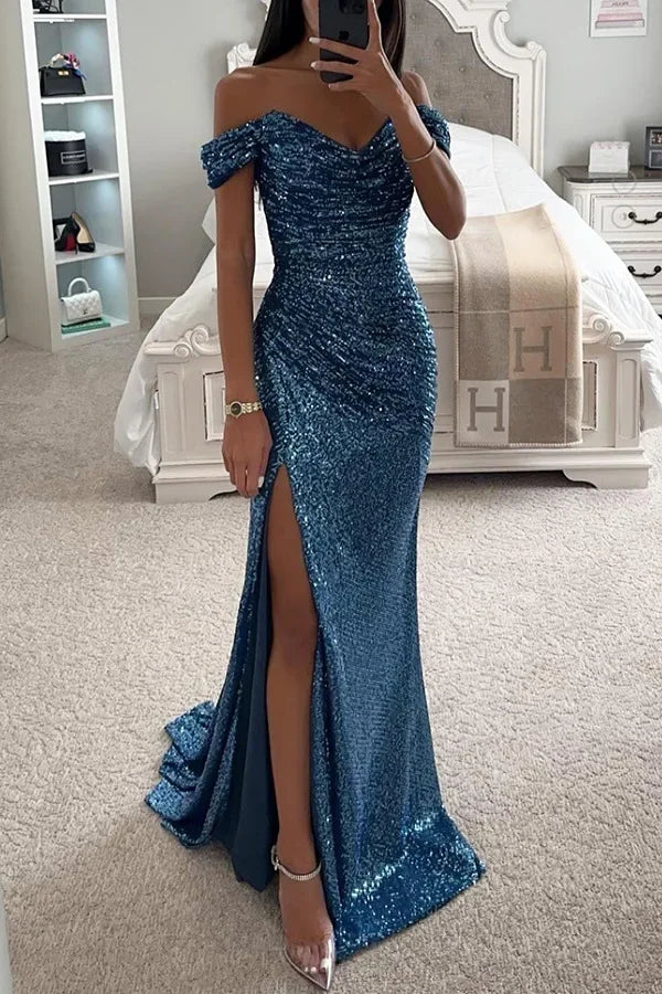 Women's S-XL Size New Party Sequins One line Neck Split Dress INS Casual Versatile Fashionable Charming Slimming Dress for Women