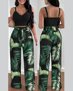 2 Piece Outfits For Women 2025 Sexy V-Neck Strap Shirred Slim Crop Top & Lace-up Wide Leg Pants Sets Elegant Office Lady Suit