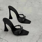 2026 NEW High Quality Luxury Heels Women's Sandals Designer Shoes Rhinestone Square Toe Open Toe Slides Женская Обувь
