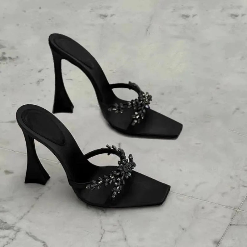 2026 NEW High Quality Luxury Heels Women's Sandals Designer Shoes Rhinestone Square Toe Open Toe Slides Женская Обувь