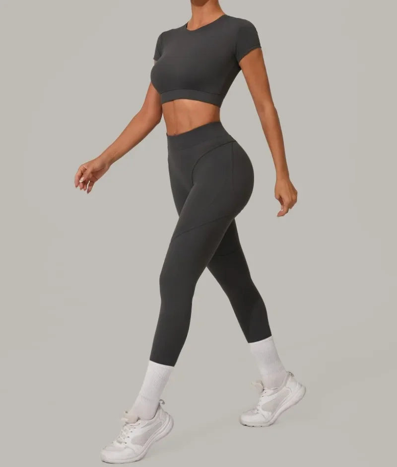 Gym Workout Yoga Fitness Sports Suit Short-sleeved Top Padded-free High-waisted Hip-lifting Trousers Outdoors Leisure Sportswear
