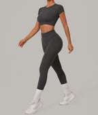 Gym Workout Yoga Fitness Sports Suit Short-sleeved Top Padded-free High-waisted Hip-lifting Trousers Outdoors Leisure Sportswear