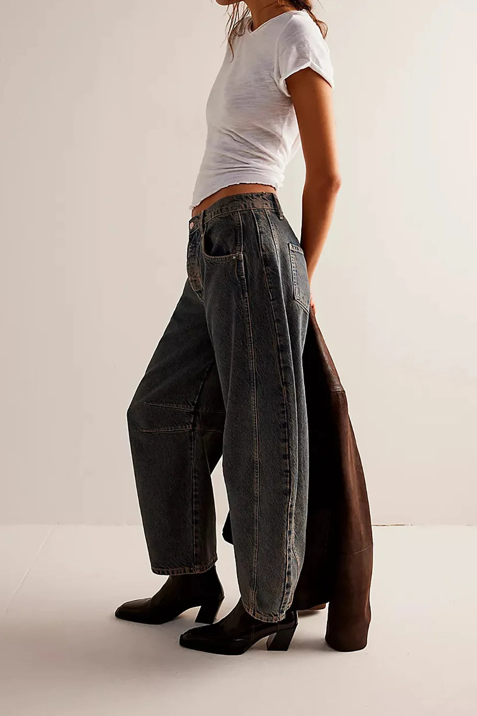 Midiross High Stretch Mid-Rise Barrel Jeans Fashion wide Leg Shape Women Casual Baggy Mid Waist Denim Pants