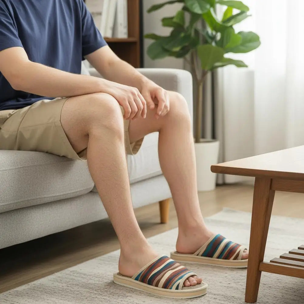 Striped Linen Open Toe Slippers Breathable Indoor House Slippers Anti Slip EVA Sole Lightweight Casual Home Slides For Men Women