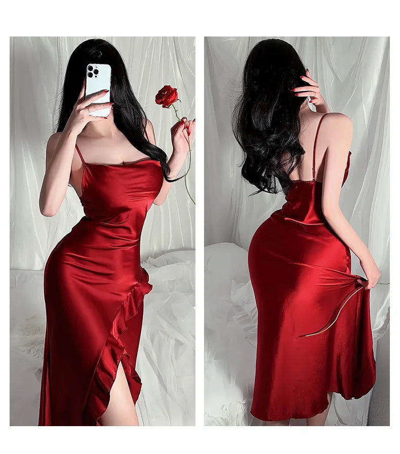 Red New Sling Sexy And Charming Ruffle Edge Bottom Split Smooth Surface Sleeveless Appear Thin Temperament Girl Long Dress 👗