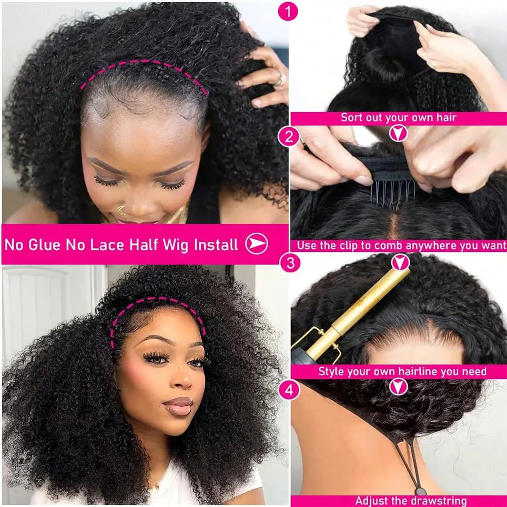 Jerry Curly Half Wig Human Hair Seamless Kinky Curly 3 In 1 Half Wig  Glueless  Heandband Clip In Wig No Sew In Black Color