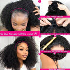Jerry Curly Half Wig Human Hair Seamless Kinky Curly 3 In 1 Half Wig  Glueless  Heandband Clip In Wig No Sew In Black Color